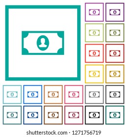 Single banknote  with portrait flat color icons with quadrant frames on white background