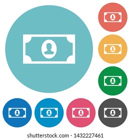 Single banknote  with portrait flat white icons on round color backgrounds