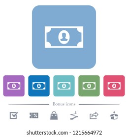 Single banknote  with portrait white flat icons on color rounded square backgrounds. 6 bonus icons included