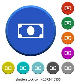 Single banknote round color beveled buttons with smooth surfaces and flat white icons