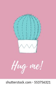 Single barrel cactus in a pot card. Cute original illustration. Pastel colors. Pink background.