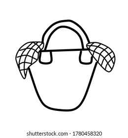 Single beach bag isolated on white background. Linear pattern of a cute summer bag. Vector illustration in Doodle style.