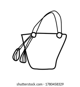 Single beach bag isolated on white background. Linear pattern of a cute summer bag. Vector illustration in Doodle style.