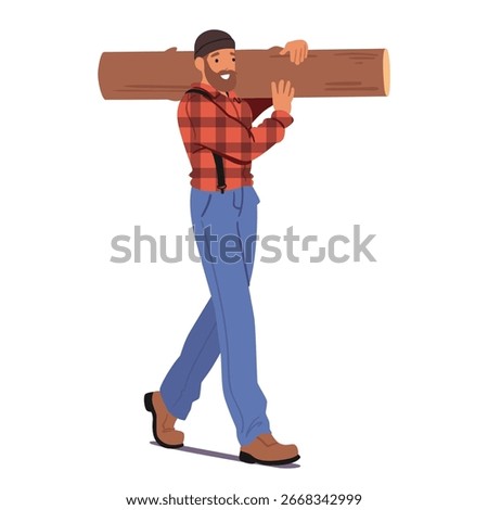Single bearded man lumberjack cartoon character in uniform carrying log on shoulder walking isolated on white background. Professional woodcutter working at wood logging industry vector illustration