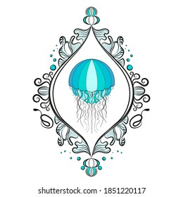 Single beautiful blue jellyfish in a frame. Victorian era, twisted frame. Composition blue. Isolated white background.