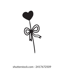 Single beautiful heart on stick with ribbon and bow in black isolated on white background. Hand drawn vector sketch illustration in doodle vintage engraved outline, line art style. Decoration holiday