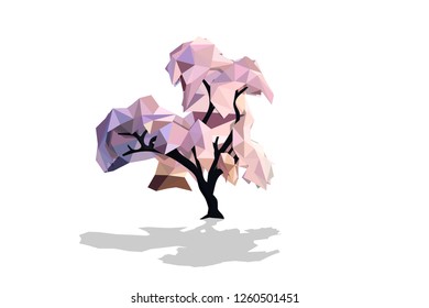 Single beautiful pink tree is isolated with white background,low poly design concept,geometric and triangle shape style,nature colorful polygon concept,vector art and illustration.