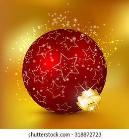 Single Beautiful Red Christmas Ball with Starlet Texture and Sparkle Particle Effect. Holiday Season XMas Design - X-Mas with Glittering and Twinkling Lights.