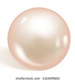Single beautiful shiny natural pearl isolated on white background. Soft apricot pearl. Vector illustration.