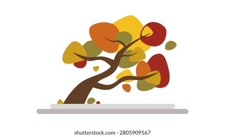 A single, beautifully stylized bonsai-style autumn tree leaning gracefully against a blowing wind, shedding leaves on a minimal base. This elegant flat vector illustration evokes a serene yet lonely seasonal mood, making it perfect as a focal graphic for cards, minimal web banners, or book covers.