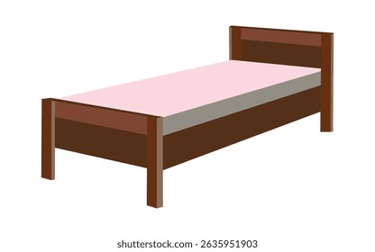 Single bed with brown wooden frame and pink mattress