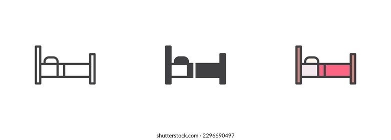 Juego de iconos de estilo de una cama diferente. Línea, glifo y contorno relleno versión colorida, contorno y signo vectorial relleno. Símbolo, ilustración del logotipo. Gráficos vectoriales