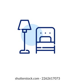 Single bed and floor lamp. Bedroom or hotel room furniture. Pixel perfect, editable stroke icon