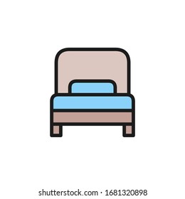Single bed, hotel room flat color line icon.