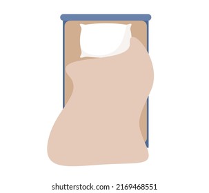 Icono de cama individual con vista superior de hoja, almohada y edredón. Ilustración plana del vector 