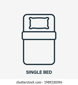 Single Bed Line Icon. Bedding Linear Icon. Top view. Size of Bed. Pillow and Blanket Outline Pictogram. Logo for interior store. Editable stroke. Vector illustration.