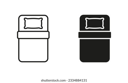 Einzel-Bett-Linie und Silhouette-Schwarzes Symbol Set. Einzelzimmer im Hotel, Motel, Herbergsschild. Art des Bettes. Kissen und Blanket Symbol Collection auf weißem Hintergrund. Einzelne Vektorgrafik.