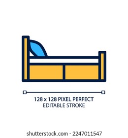 Single bed pixel perfect RGB color icon. Bedstead for solo sleeper. Bedroom furnishing. Contemporary home furniture store. Isolated vector illustration. Simple filled line drawing. Editable stroke