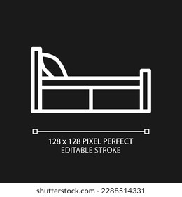 Single bed pixel perfect white linear icon for dark theme. Bedstead for solo sleeper. Bedroom furnishing. Furniture store. Thin line illustration. Isolated symbol for night mode. Editable stroke