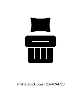 Single bed set black glyph icon. Blanket with cushion. Hotel room for rest. Comfortable bedding. Textile products, household cloths. Silhouette symbol on white space. Vector isolated illustration