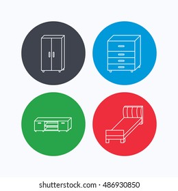 Single bed, TV table and cupboard icons.