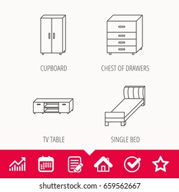 Single bed, TV table and cupboard icons. Chest of drawers linear sign. Edit document, Calendar and Graph chart signs. Star, Check and House web icons. Vector