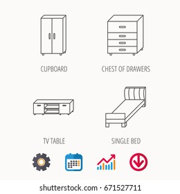 Single bed, TV table and cupboard icons. Chest of drawers linear sign. Calendar, Graph chart and Cogwheel signs. Download colored web icon. Vector