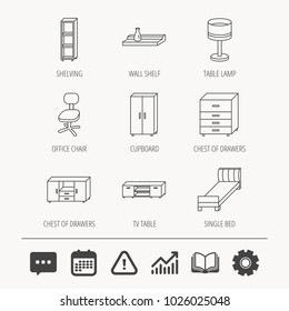 Single bed, TV table and shelving icons. Office chair, table lamp and cupboard linear signs. Wall shelf, chest of drawers icons. Education book, Graph chart and Chat signs. Vector
