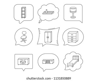 Single bed, TV table and shelving icons. Office chair, table lamp and cupboard linear signs. Wall shelf, chest of drawers icons. Linear Speech bubbles with icons set. Comic chat balloon. Vector