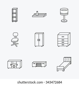 Single bed, TV table and shelving icons. Office chair, table lamp and cupboard linear signs. Wall shelf, chest of drawers icons. Linear black icons on white background.