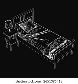 A single bed with a white pillow and neatly arranged bed sheet stands against a black background. A stylish lamp on the side table casts warm light, creating a cozy atmosphere.