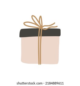 Single beige color Birthday gift box in doodle style. Cute hand drawn vector illustration. Holiday present for your design - poster, bag, t shirt, greeting card, invitation, bag.