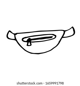 Una bolsa de cinturón único. dibujo vectorial en estilo Doodle. Una simple imagen en blanco y negro sobre un tema de verano. Aislado sobre un fondo blanco. Elemento de diseño y decoración.