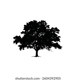 Single big Oak tree and leaves silhouette vector, isolated on white background, nature environment concept, fill with black color tree icon, oak symbol 