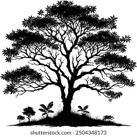 Solo árbol grande y Vector de la silueta de las hojas, aislado en el fondo blanco, concepto del ambiente de la naturaleza, llene con el icono negro del árbol del color