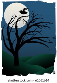 Single Bird Sits on Creepy Curvy Tree at night under full moon surrounded by green hills