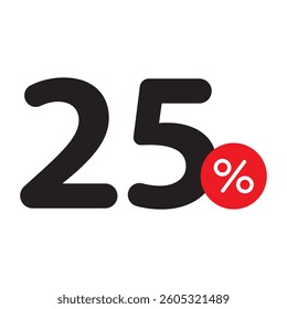 Single black 25% sale tag icon, simple shopping banner label flat design vector pictogram, infographic vector for app logo web button ui interface elements isolated on white background