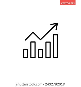 Single black arrow growing up on chart graph bars line icon, success graph trending upwards flat design interface infographic element for app ui ux web button, vector isolated on white background