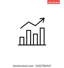 Single black arrow growing up on chart graph bars line icon, success graph trending upwards flat design interface infographic element for app ui ux web button, vector isolated on white background
