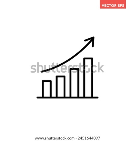 Single black arrow growing up on chart graph bars line icon, success graph trending upwards flat design interface infographic element for app ui ux web button, vector isolated on white background