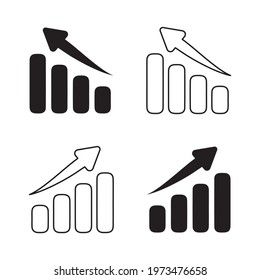 Single black arrow growing pointing up on chart graph bars icon, success graph trending upwards flat design interface infographic element for app ui ux web button, vector isolated on white background