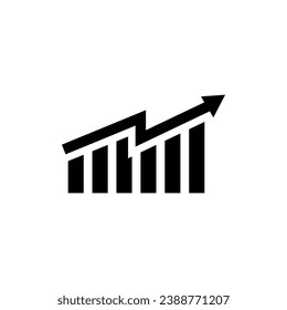 Single black arrow growing pointing up on chart graph bars icon, success graph trending upwards flat design interface infographic element for app ui ux web button, vector isolated on white background
