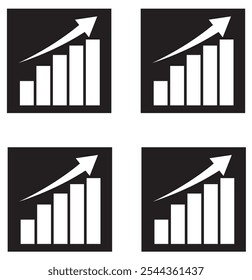 Single black arrow growing pointing up on chart graph bars icon, success graph trending upwards flat design interface infographic element for app ui ux web button, vector isolated on white background