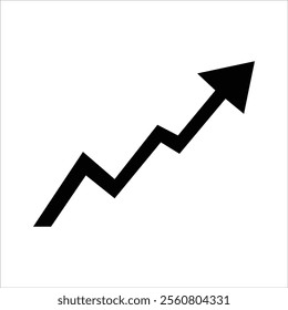 Single black arrow growing pointing up, success graph trending upwards flat design for app ui ux web button, vector isolated on white background