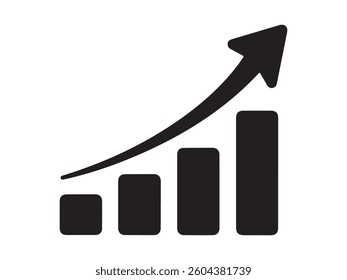 Single black arrow growing pointing up on chart graph bars icon, success graph trending upwards flat design interface infographic element for app ui ux web button, vector isolated on white background