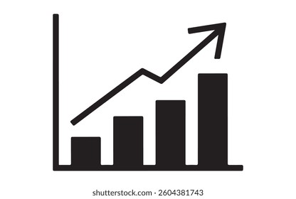 Single black arrow growing pointing up on chart graph bars icon, success graph trending upwards flat design interface infographic element for app ui ux web button, vector isolated on white background