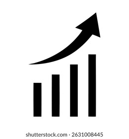 Single black arrow growing pointing up on chart graph bars icon, success graph trending upwards flat design interface infographic element for app ui ux web button, vector isolated on white background