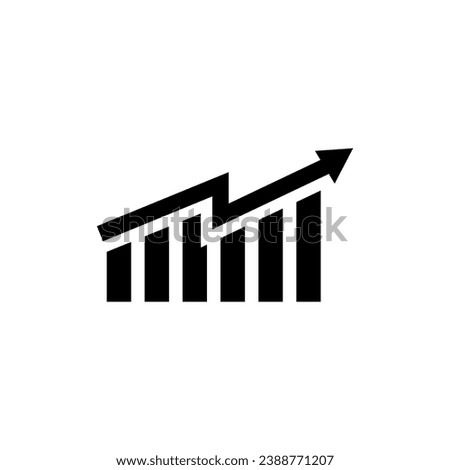 Single black arrow growing pointing up on chart graph bars icon, success graph trending upwards flat design interface infographic element for app ui ux web button, vector isolated on white background