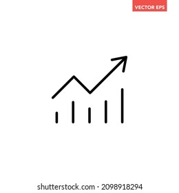 Single black arrow pointing up on chart bars line icon, simple success trending upwards infographic vector for ads app logo web website button ui ux interface element isolated on white background