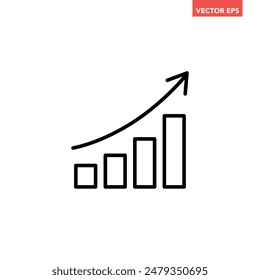 Single black arrow pointing up on chart bars line icon, simple success trending upwards infographic vector for ads app logo web website button ui ux interface element isolated on white background